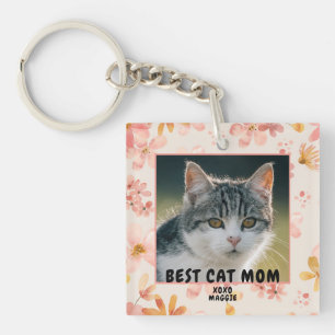 Cat Mom Pink Floral Photo Keychain