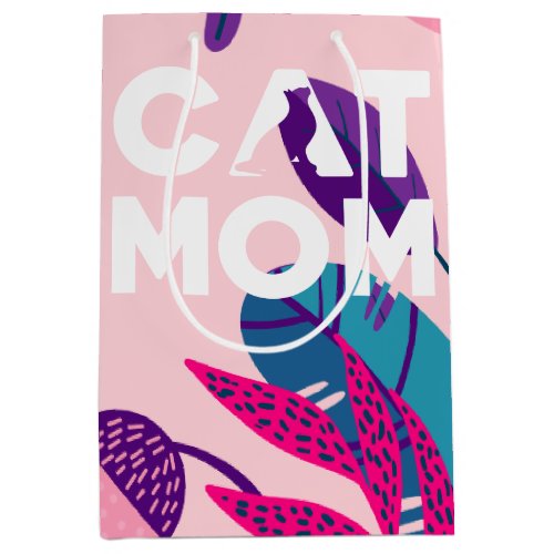 Cat Mom Pink Flowers  Leaves Medium Gift Bag