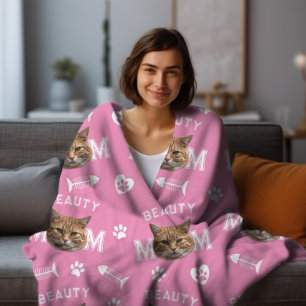 Cat Mom Pink Personalized Name and Photo Repeat Fl Fleece Blanket
