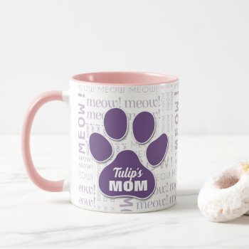 Cat Mom Purple Paw Print With Cat's Name Mug by PAWSitivelyPETs at Zazzle