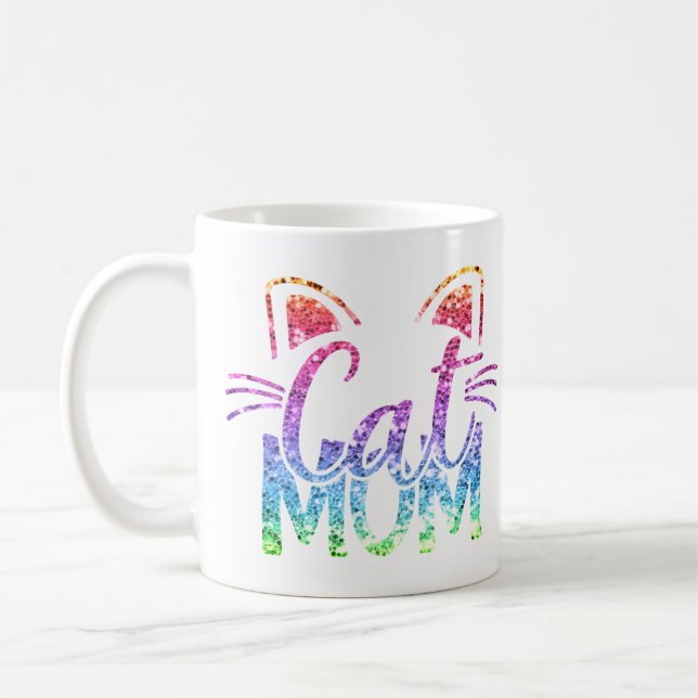 Cat Mom Rainbow Glitter Coffee Mug (Left)