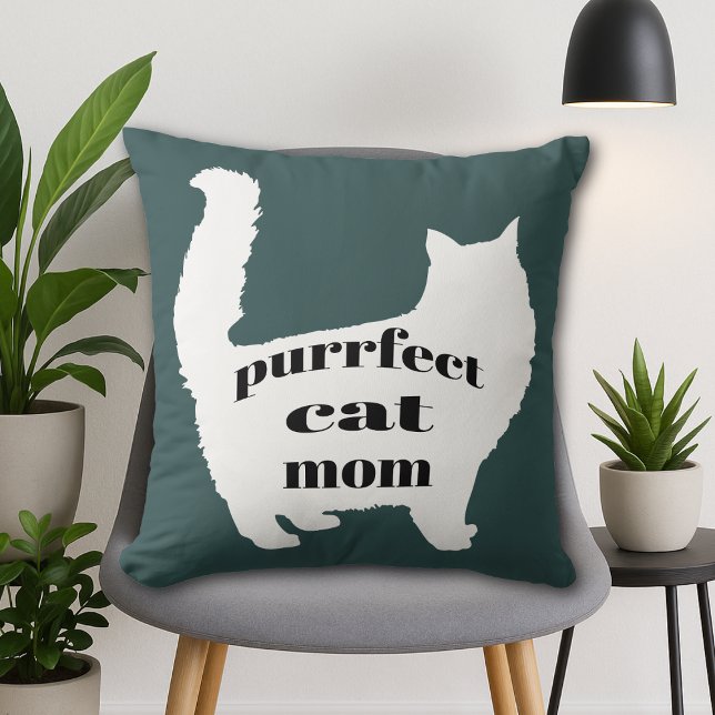 Cat Mom Throw Pillow (Modern forest green pillow with white cat silhouette and “Purrfect Cat Mom” text, cozy home décor.)