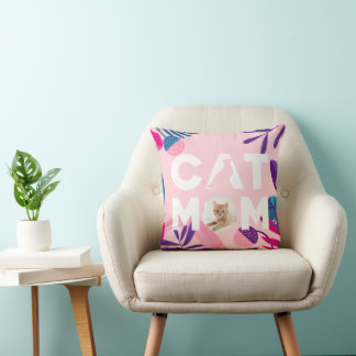 CAT MOM, Your Cat Photo, Pink Flowers & Leaves Throw Pillow