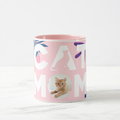CAT MOM Your Photo Pink Flowers  Leaves Mug