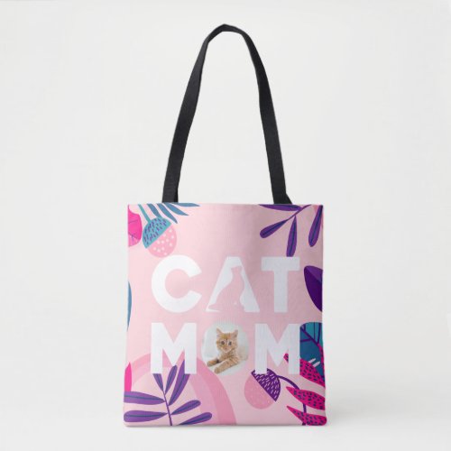 CAT MOM Your Photo Pink Flowers  Leaves Tote Bag