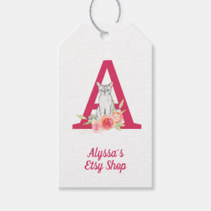 Cat Monogram and Pink Floral Bouquet Merchandise Gift Tags
