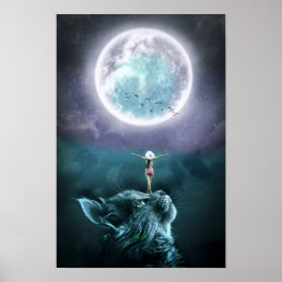Cat Moon Fantasy Girl Poster