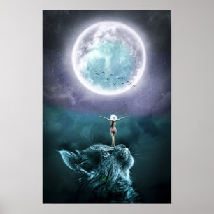 Cat Moon Fantasy Girl Poster