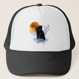 CAT MOON IN BLOSSOM FLOWER BLACK CATS LOVER  TRUCKER HAT