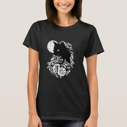Cat Moon Night Flowers Black Cats   1  T_Shirt