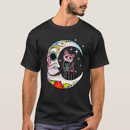 Cat  Moon Sugar Skull Day of The Dead Dia de Muer T_Shirt