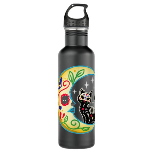 Cat  Moon Sugar Skull Day of The Dead Stainless Steel Water Bottle