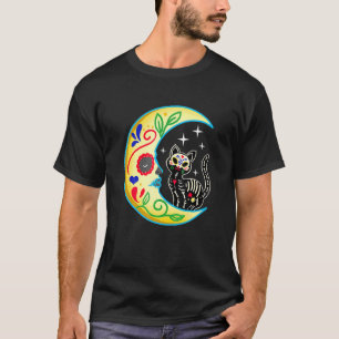 Cat Moon Sugar Skull Dia De Los Muertos Day Of He T-Shirt