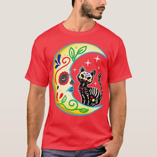 Cat  Moon Sugar Skull Dia de Los Muertos Day of  T_Shirt