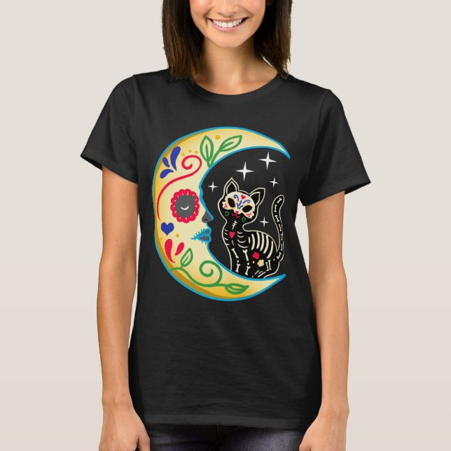Cat & Moon Sugar Skull Dia de Los Muertos, Day of  T-Shirt (Front)
