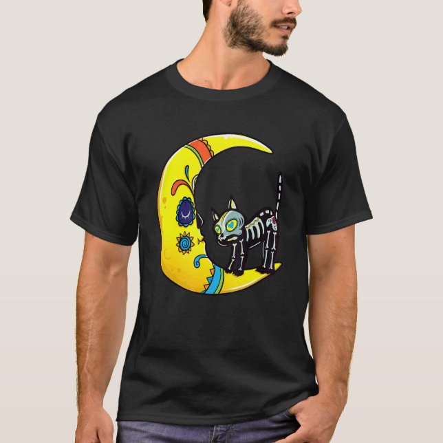 Cat & Moon Sugar Skull Dia de Los Muertos  Day Of  T-Shirt (Front)