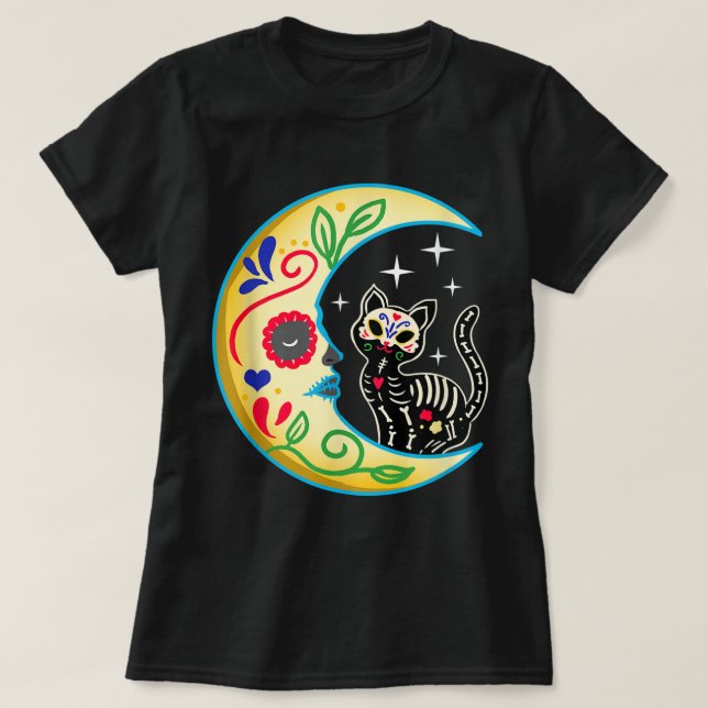 Cat & Moon Sugar Skull Dia de Los Muertos, Day of  T-Shirt (Design Front)