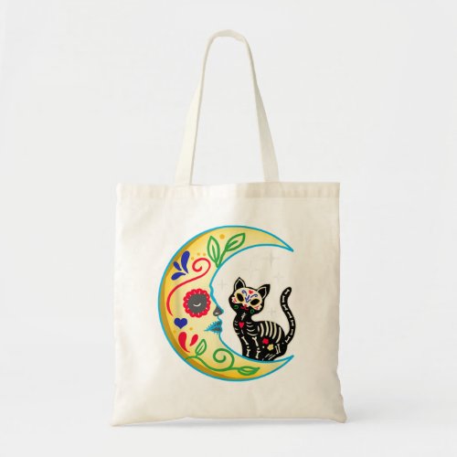 Cat  Moon Sugar Skull Dia de Los Muertos  Day of  Tote Bag