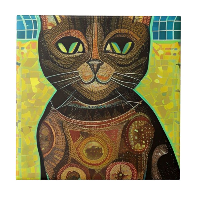 Cat moroccan mosaic abstract art brown kitty voice ceramic tile (Front)