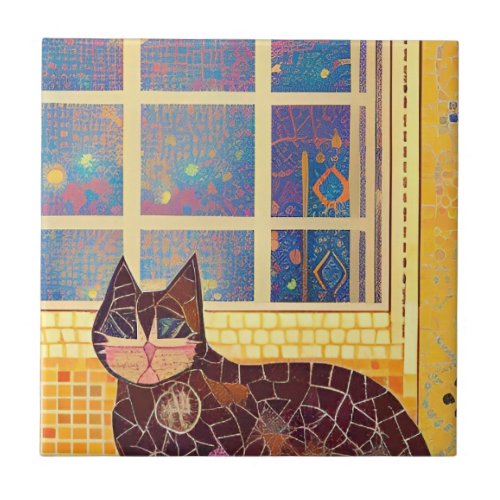 Cat moroccan mosaic abstract art brown square  ceramic tile