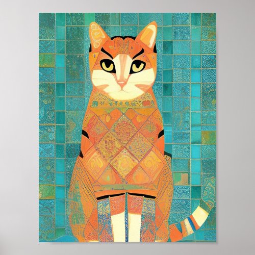 Cat moroccan mosaic ginger on turquoise background poster