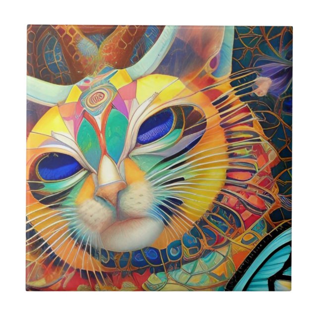 Cat mosaic colorful abstract kitty voices ceramic tile (Front)