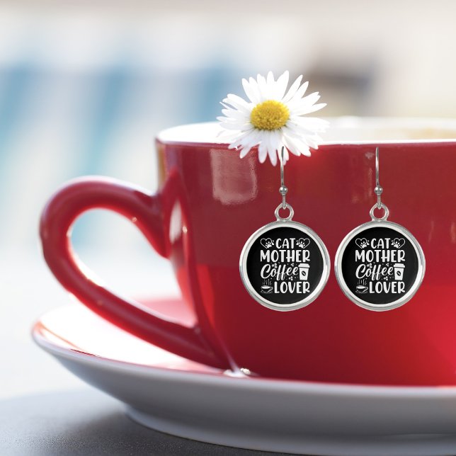 Cat Mother Coffee Lover White on Black Earrings (Creator Uploaded)