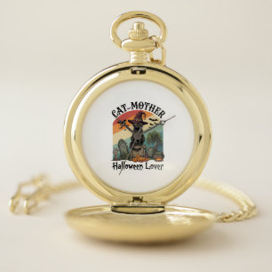 Cat Mother Halloween Lover Black Witch Hat Pumpkin Pocket Watch