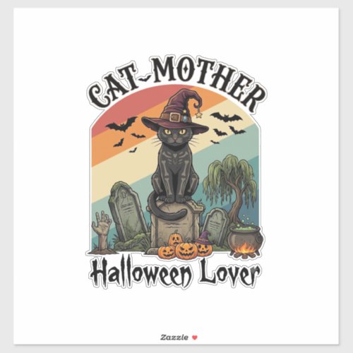 Cat Mother Halloween Lover Black Witch Hat Pumpkin Sticker