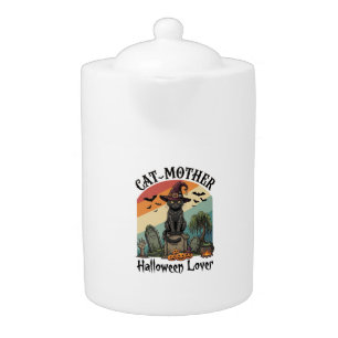 Cat Mother Halloween Lover Black Witch Hat Pumpkin Teapot