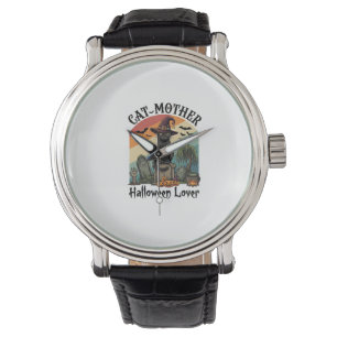 Cat Mother Halloween Lover Black Witch Hat Pumpkin Watch
