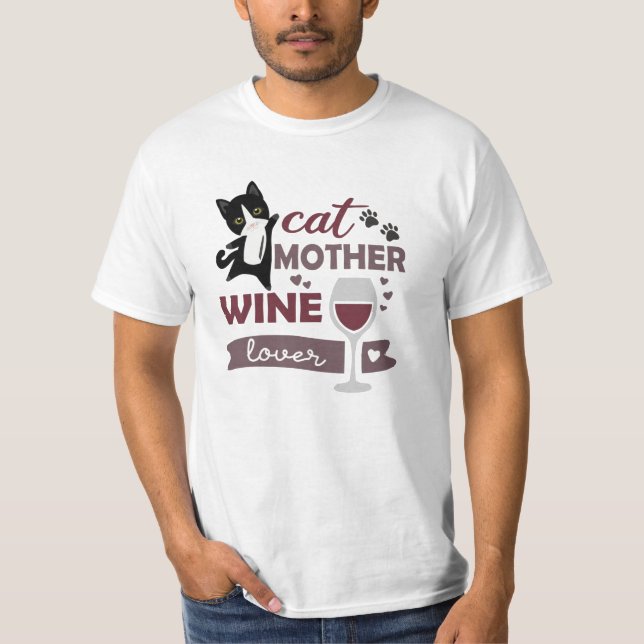 Cat Mother Wine Lover Cats Red Wine Black T-Shirt (Front)