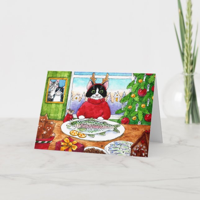 Cat, mouse, fish Christmas Holiday Card (Front)