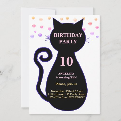 Cat  Multicolored Confetti Birthday Invitation