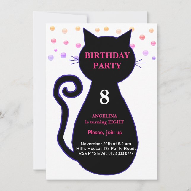 Cat & Multicolored Confetti Birthday Invitation (Front)
