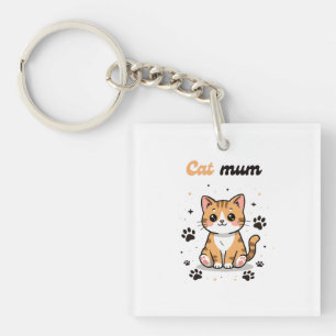 Cat Mum – Cute Orange Tabby Cartoon with Paw Print Keychain