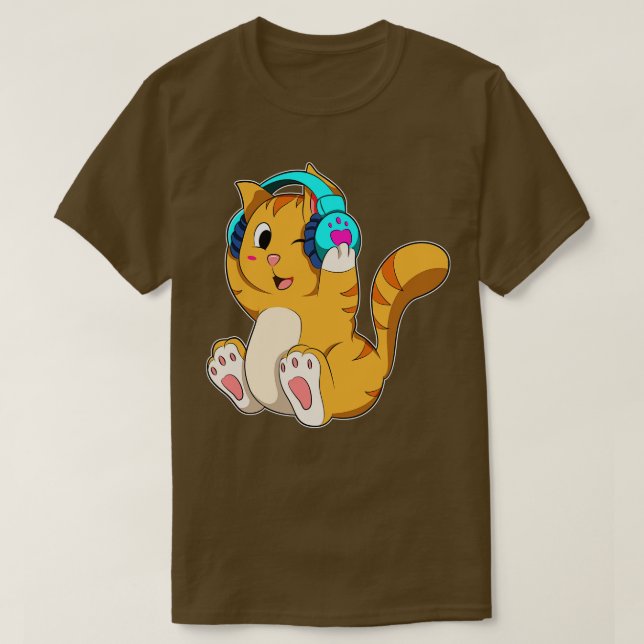 Cat Music with Headphone T-Shirt (Design Front)