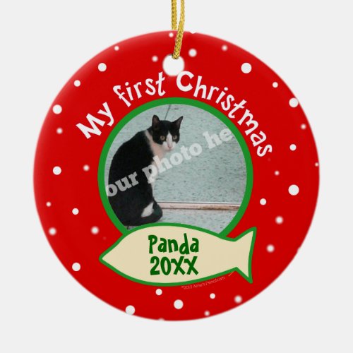 Cat My First Christmas Red and Green Pet Photo Ceramic Ornament