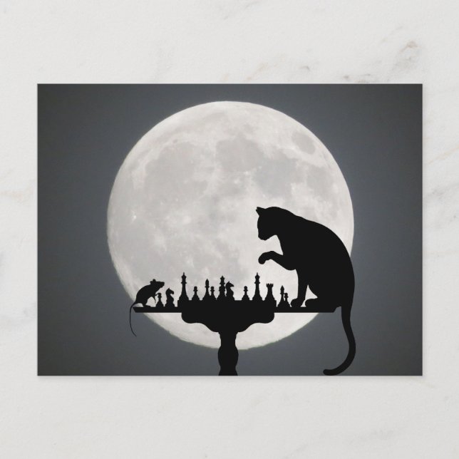 Cat N Mouse Play Chess Full Moon  Postcard (Front)