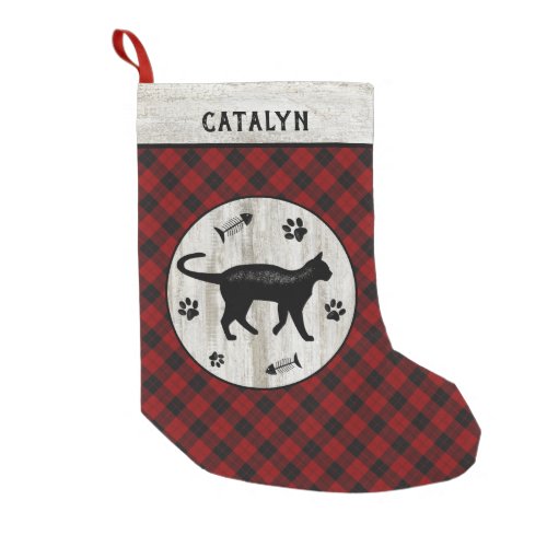 Cat Name Rustic Farmhouse Checker Red Plaid Wood Small Christmas Stocking