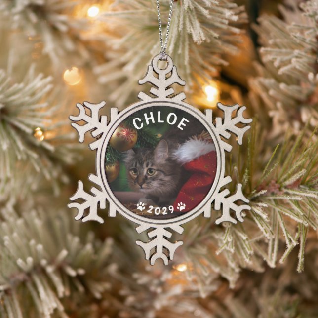 Cat Name Year Paw Prints Holiday Photo Snowflake Pewter Christmas Ornament (Tree)
