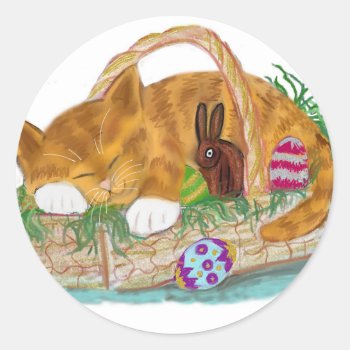 Cat Nap In An Easter Basket Classic Round Sticker by Nine_Lives_Studio at Zazzle