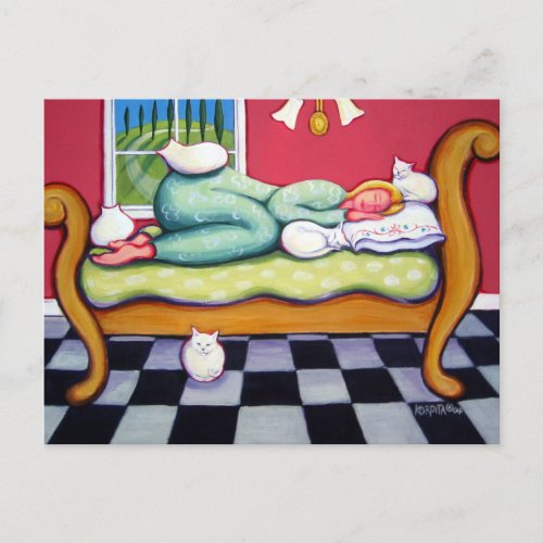 Cat Napping _ A Women Naps with her White Cats Postcard
