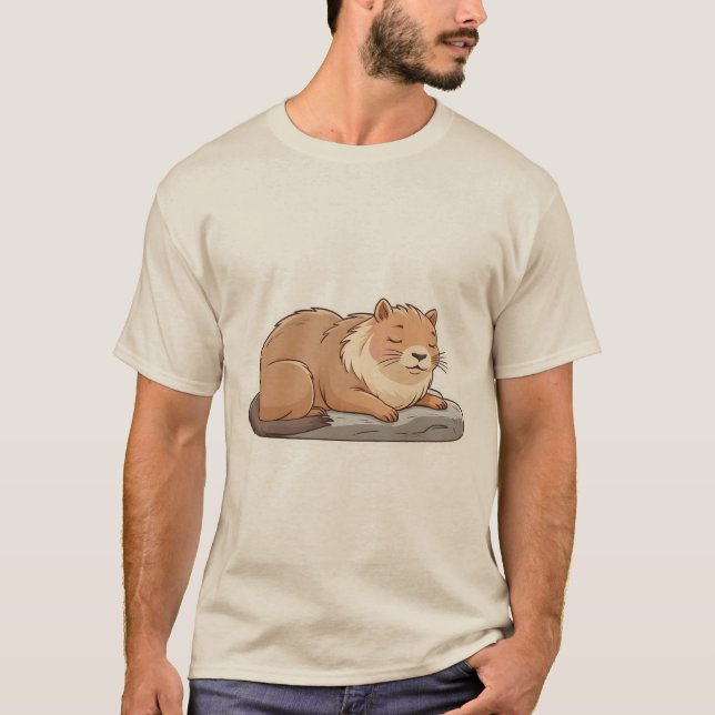 Cat Napping on Capybara – Cute Sticker. T-Shirt (Front)
