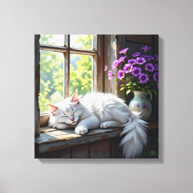 Cat Napping on the Window Sill | Purple Flowers Canvas Print (Front)