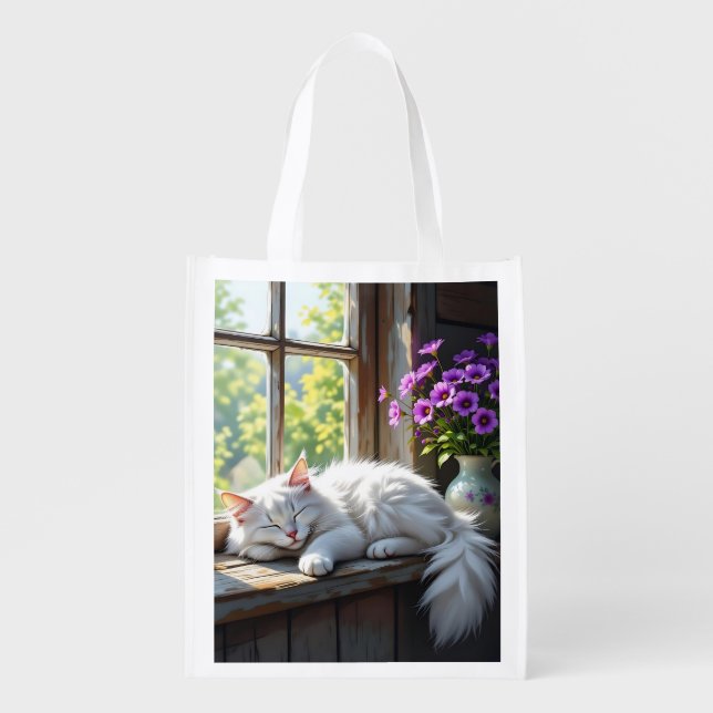 Cat Napping on the Window Sill | Purple Flowers Grocery Bag (Front)