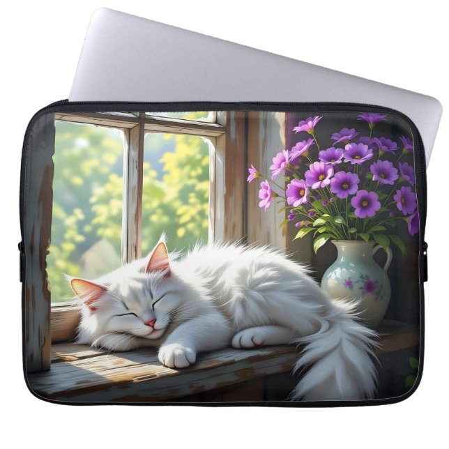 Cat Napping on the Window Sill | Purple Flowers Laptop Sleeve (Front)