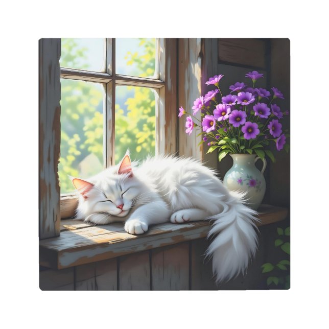Cat Napping on the Window Sill | Purple Flowers Metal Print (Front)