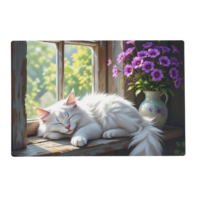 Cat Napping on the Window Sill | Purple Flowers Placemat (Front)