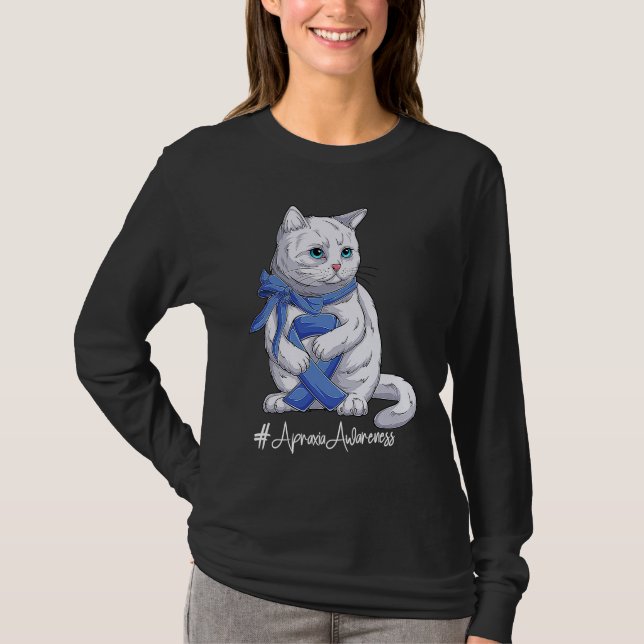 Cat National Apraxia Awareness Month Blue Ribbon T-Shirt (Front)